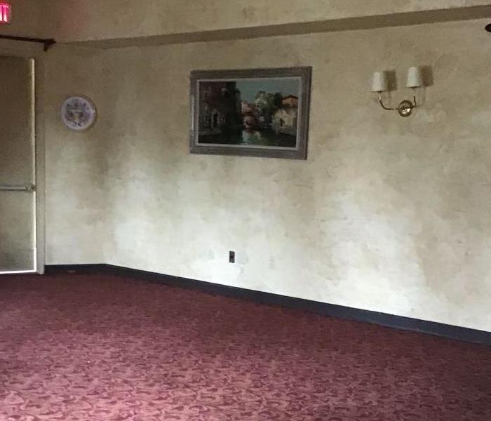 empty room with red carpet two frames hanging on the right of the wall with one lamp hanging from the ceiling