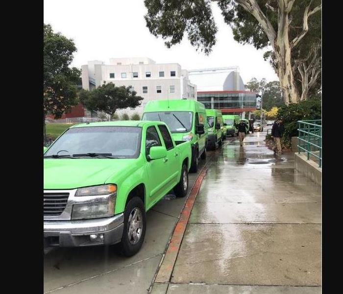 Multiple green cars parked in front of a gray building. 